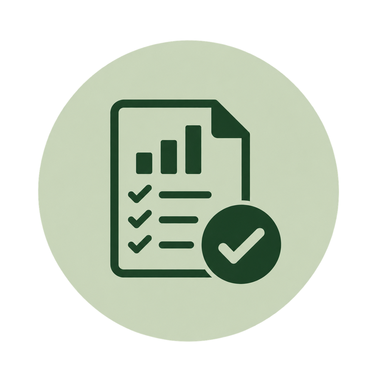 Icon of a report with a bar graph, checkmarks, and a large checkmark symbol in a circle, indicating completion or approval.