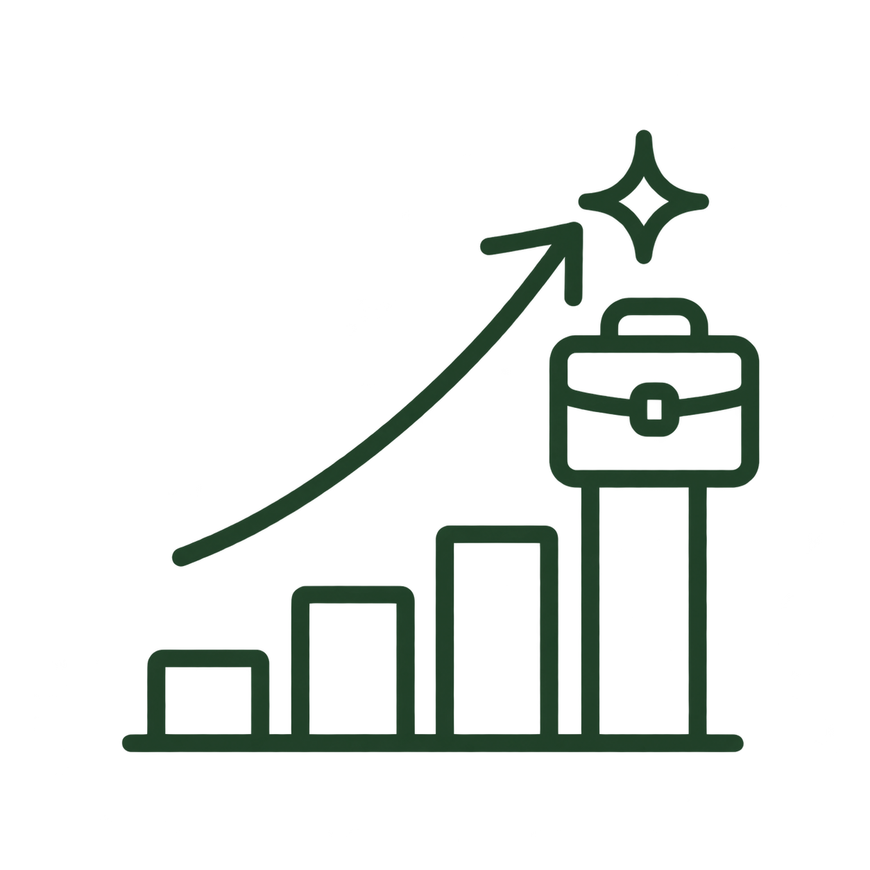 A green line graph with an upward trend, bar chart, briefcase icon, and star sparkle symbol