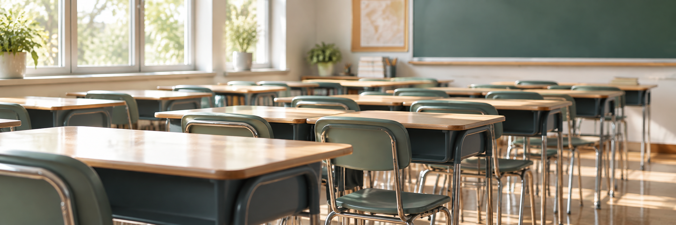 Empty classroom with wooden desks and green chairs, sunlight streaming through windows, chalkboard at the front, and potted plants on windowsills.