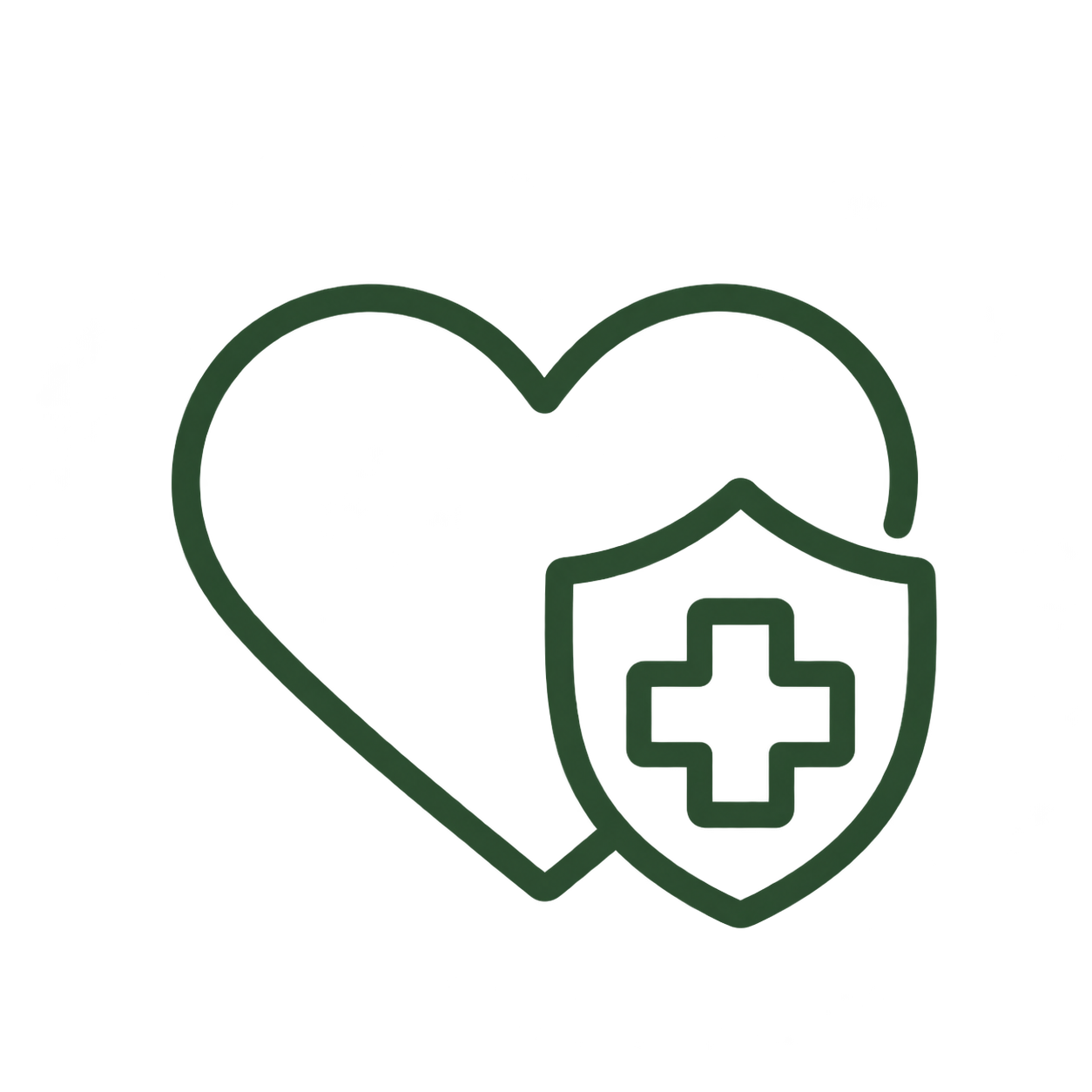 A green heart with a medical shield and cross icon overlay.