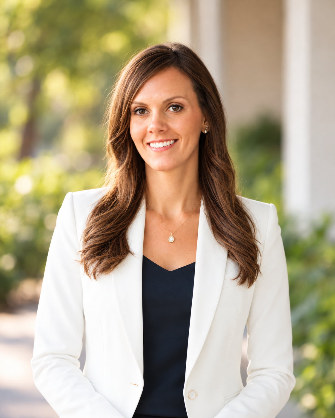 Portrait of a woman with long brown hair wearing a white blazer and black top, smiling outdoors with green foliage in the background.