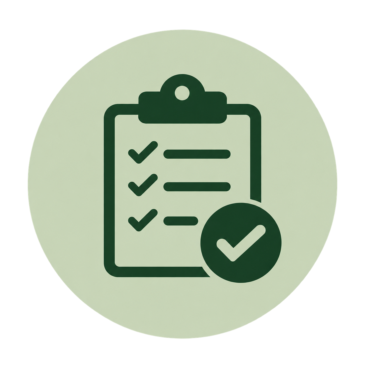 Icon of a checklist on a clipboard with a checkmark badge in a green circle.