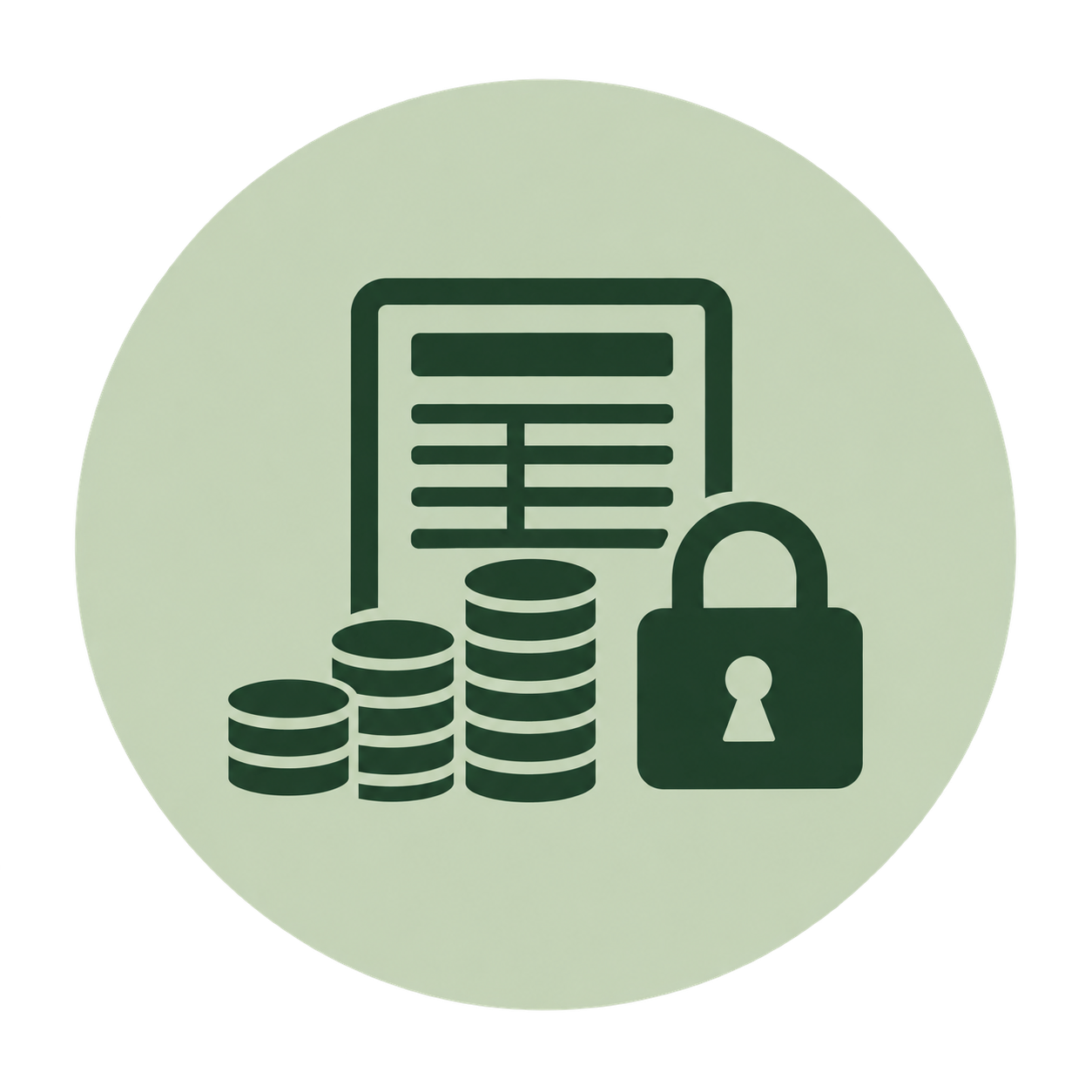 Icon of a document, stacked coins, and a lock, representing financial security or protected financial information.