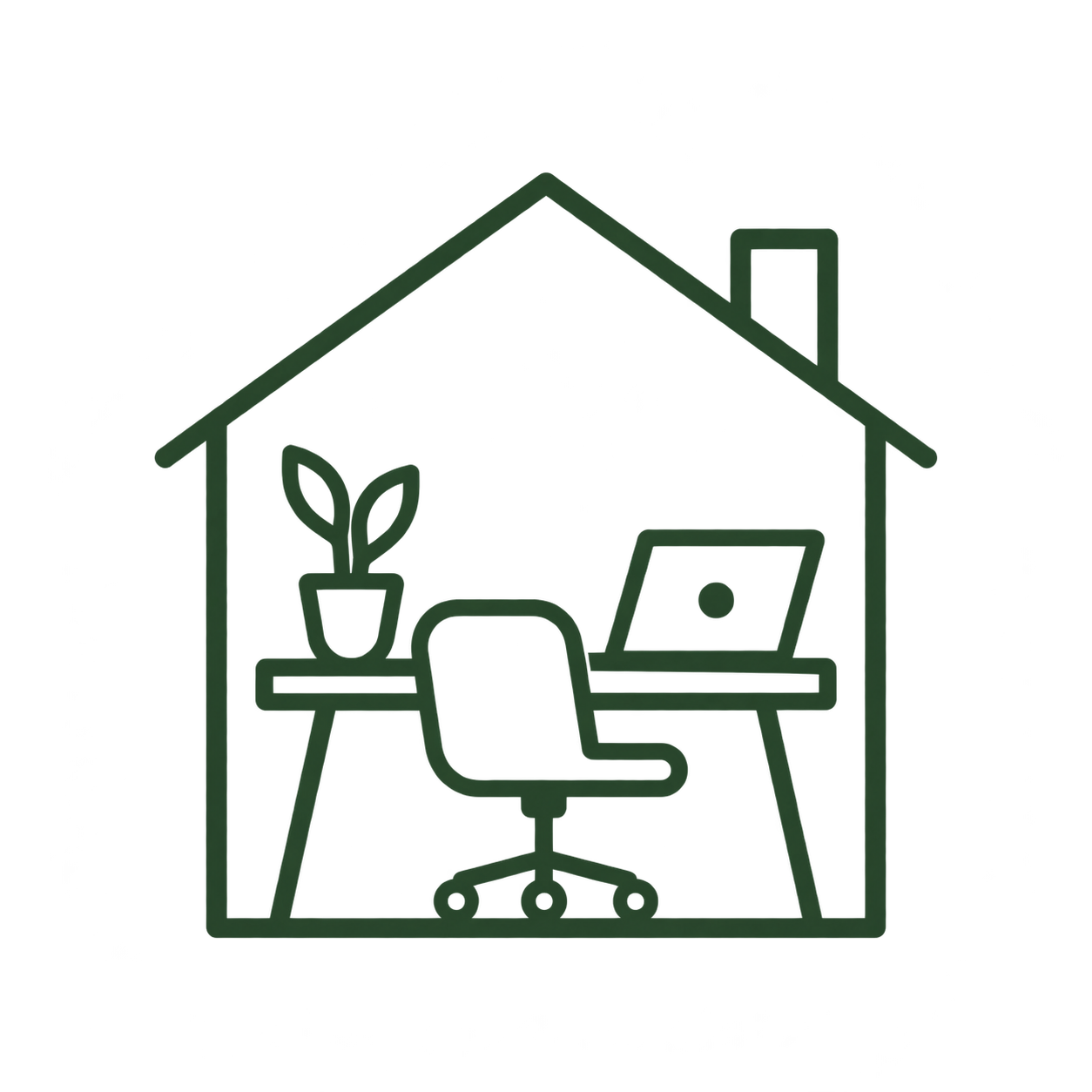Line drawing of a home interior with a chair, a potted plant, and a desk with a laptop inside a house outline.