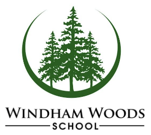 Logo of Windham Woods School with three green pine trees inside a circle and the school's name below.