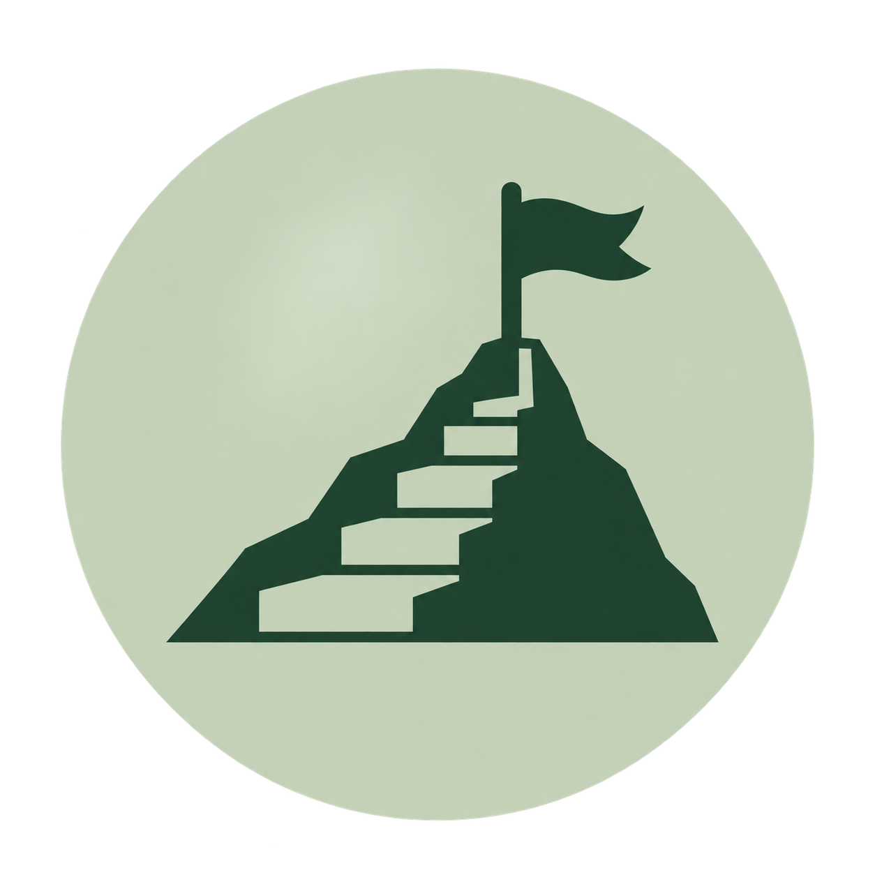 Silhouette of a mountain with stairs leading to a flag at the top, symbolizing achievement or reaching a goal.