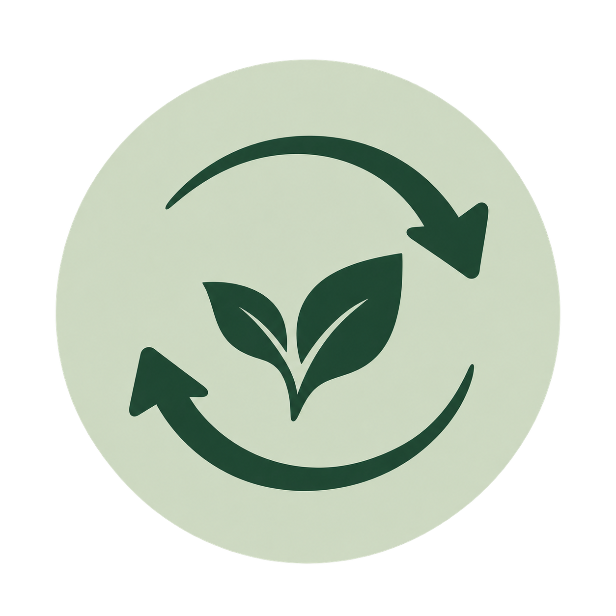 Circular icon with two green leaves at the center and two curved arrows around them, symbolizing recycling or sustainability.
