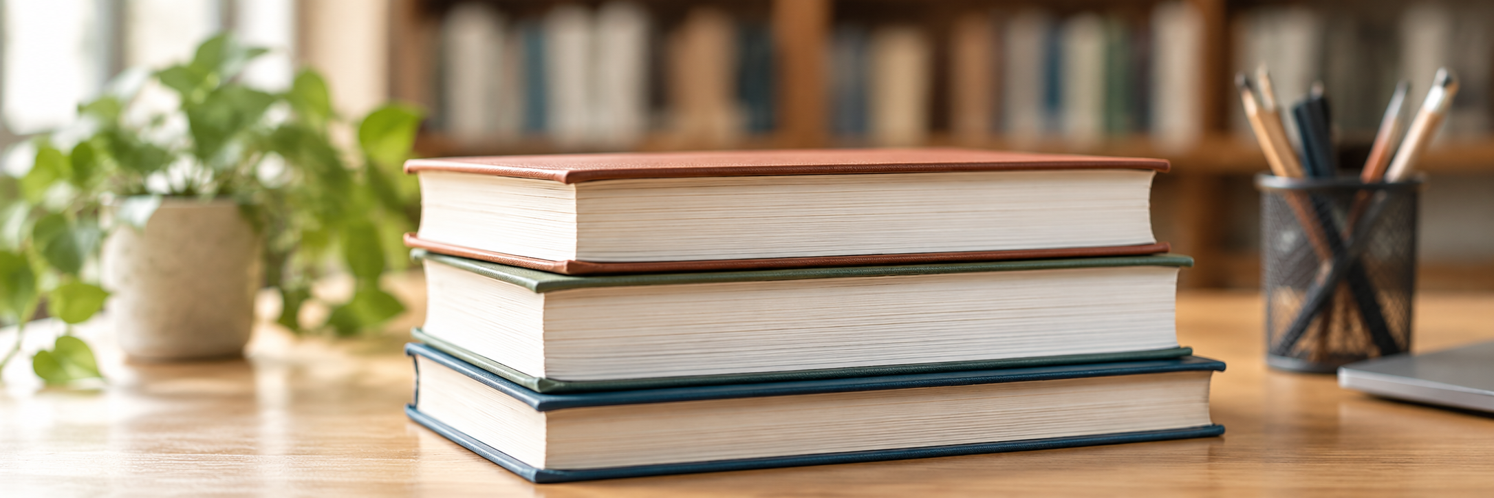 Three stacked hardcover books on a wooden desk, with a potted plant on the left and a pen holder with pens on the right, in front of a blurred bookshelf.