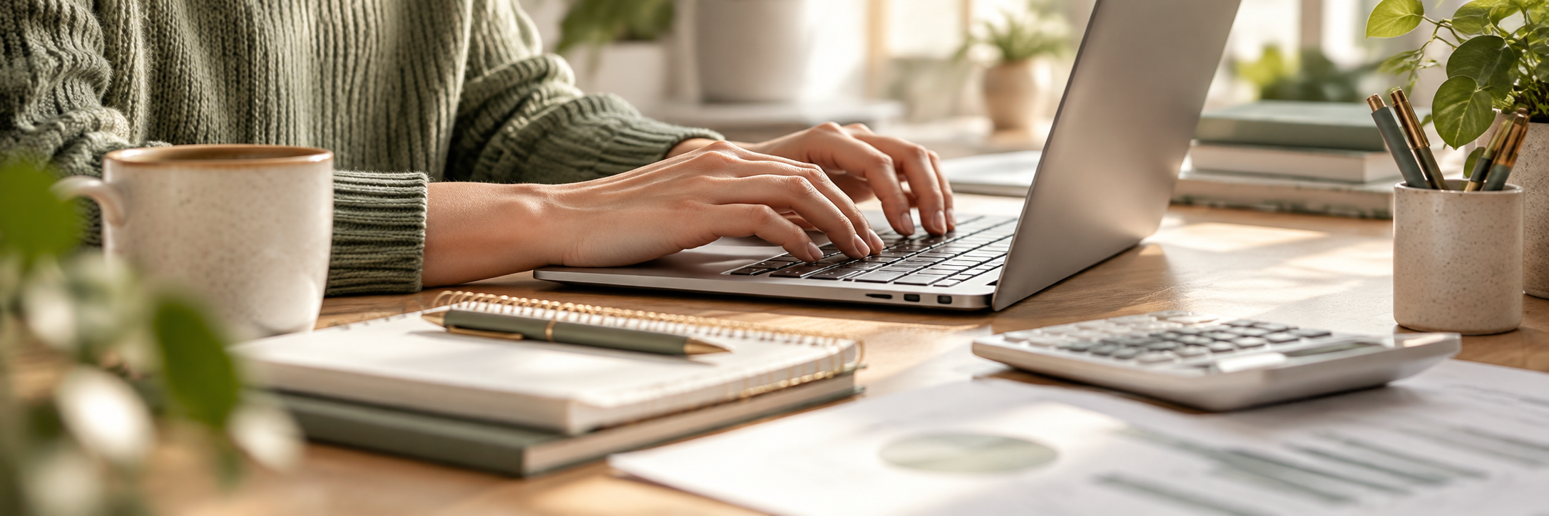 Person typing on a laptop at a cluttered desk with notebooks, a calculator, a pen, a cup, and plants.