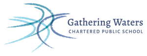 Logo of Gathering Waters Chartered Public School featuring stylized blue water streams and the school name