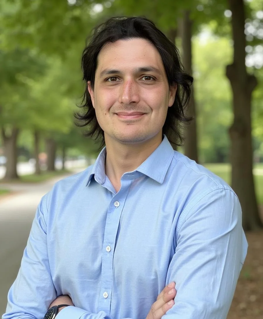 A young man with dark, shoulder-length hair and light skin, smiling with arms crossed, standing outdoors with a row of trees and a path in the background.