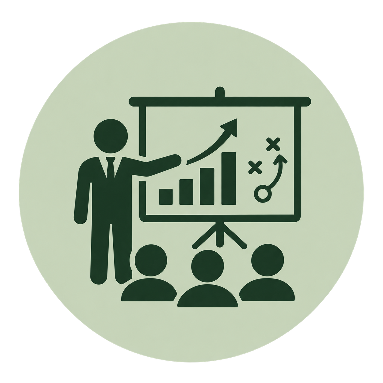 Icon of a person in business attire giving a presentation with a bar graph and upward trending arrows, three audience members watching.