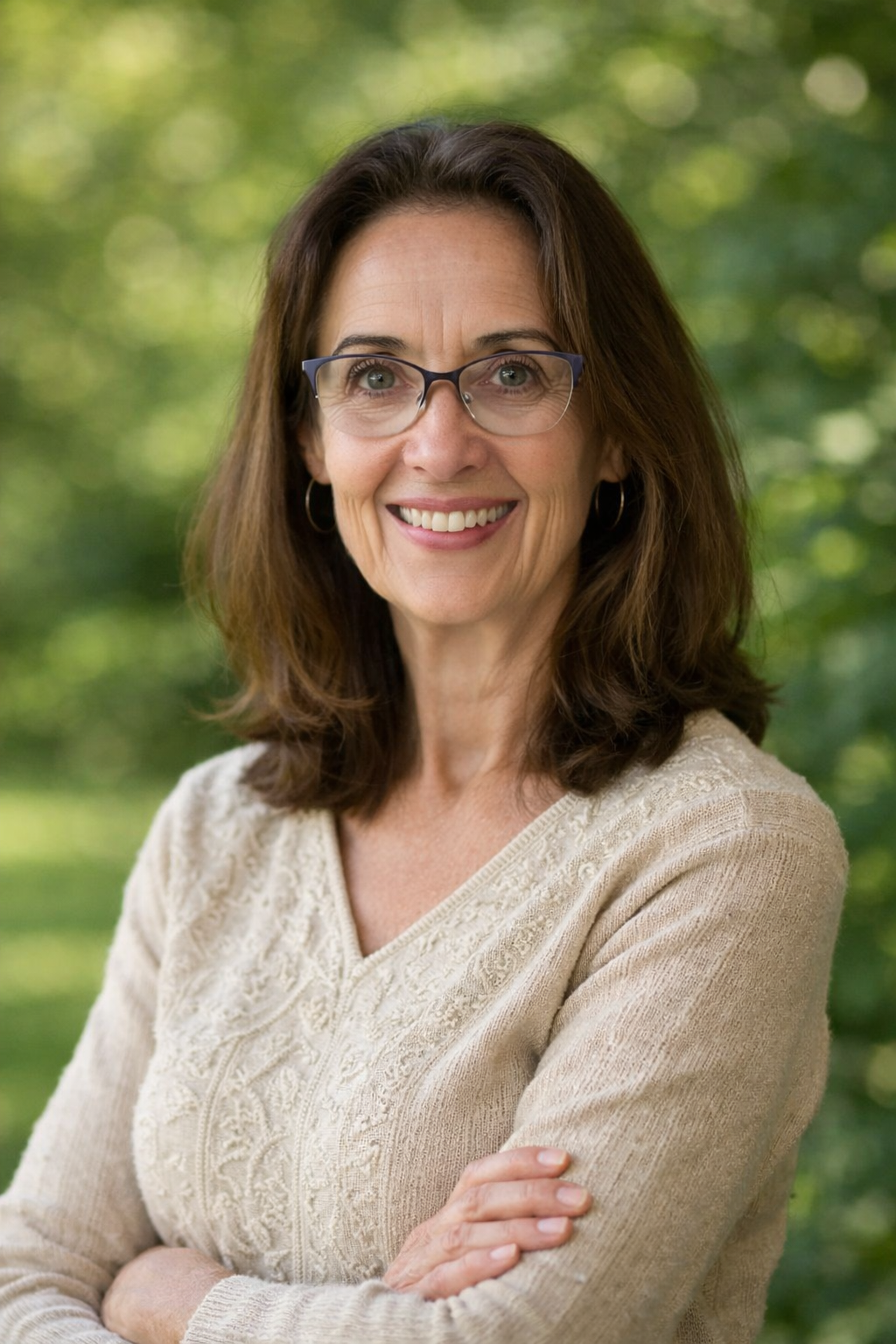 A woman with brown hair and glasses smiling outdoors, wearing a beige sweater, with a blurred green background.