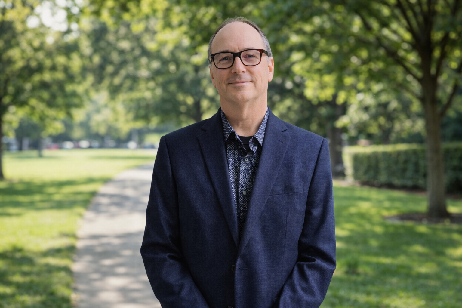 A man in a dark blue blazer and patterned shirt standing outdoors on a park path with trees and greenery in the background.