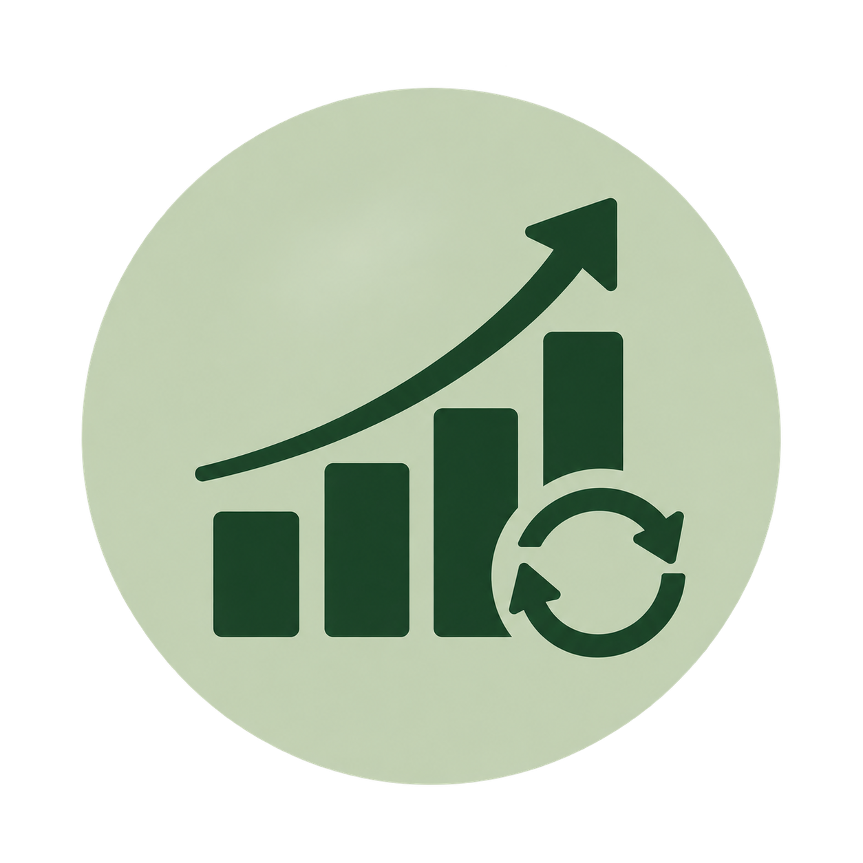 A green circular icon with a bar chart, an upward arrow, and a circular arrow, representing growth and cycle.