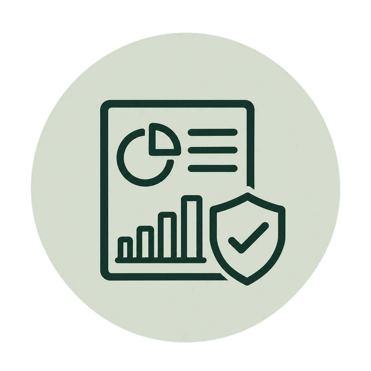 Icon of a data report with a pie chart, bar graph, and lines of text, accompanied by a shield with a checkmark, representing data security or protection.
