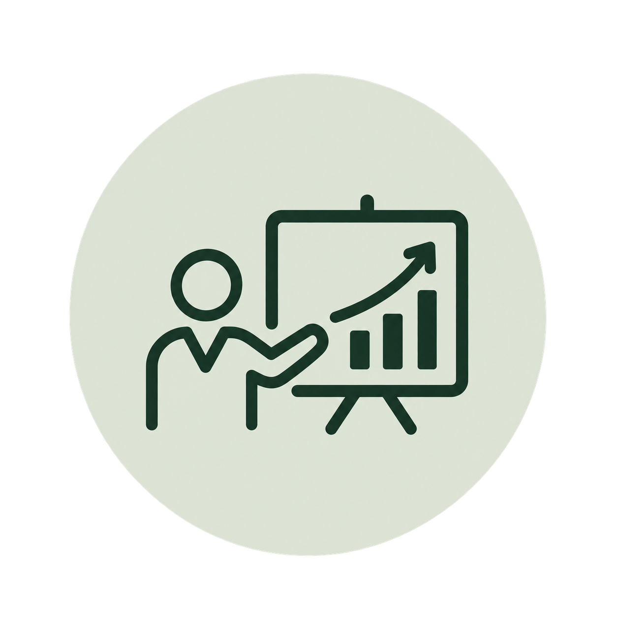 A simple icon depicting a person pointing at a presentation board with an upward trending graph, representing business growth or performance presentation.