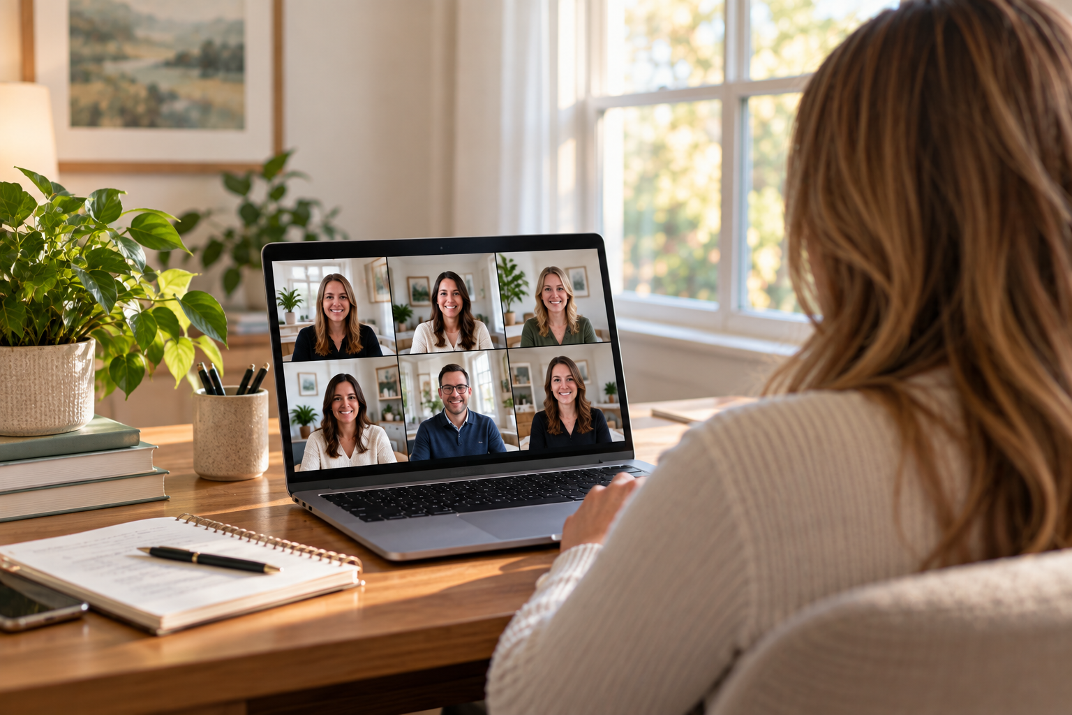 A woman sits at a desk using a laptop for a video conference with six smiling participants, three women and three men, in a bright, cozy room.