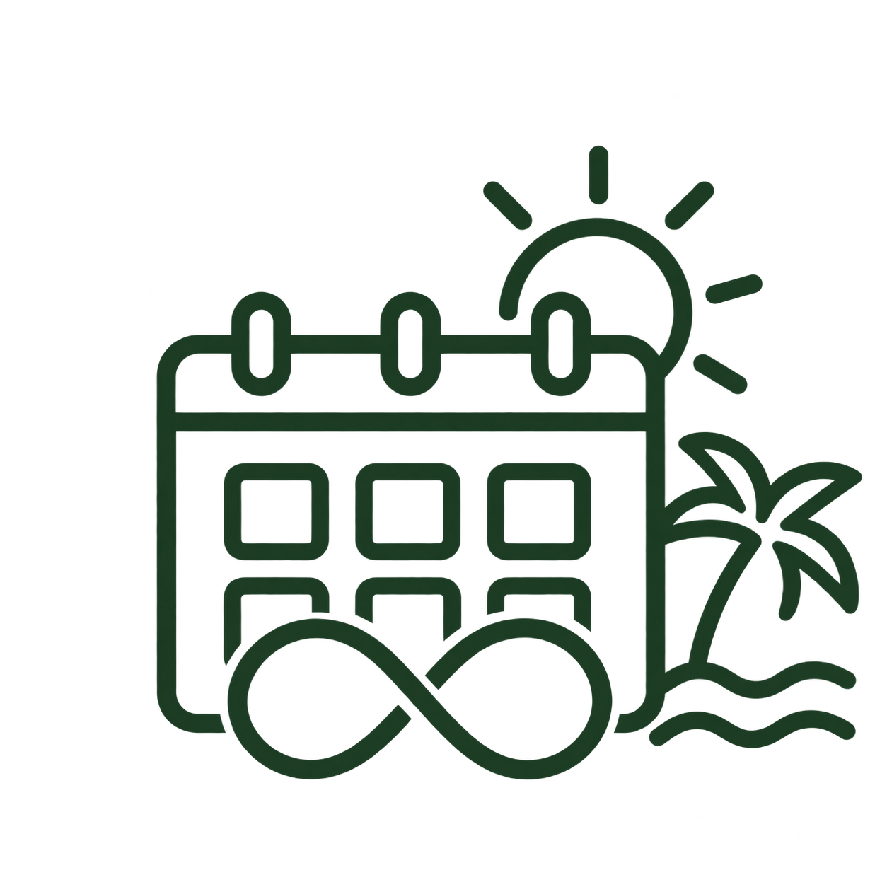 A line drawing of a calendar with a sun and a palm tree, symbolizing vacation or holiday.