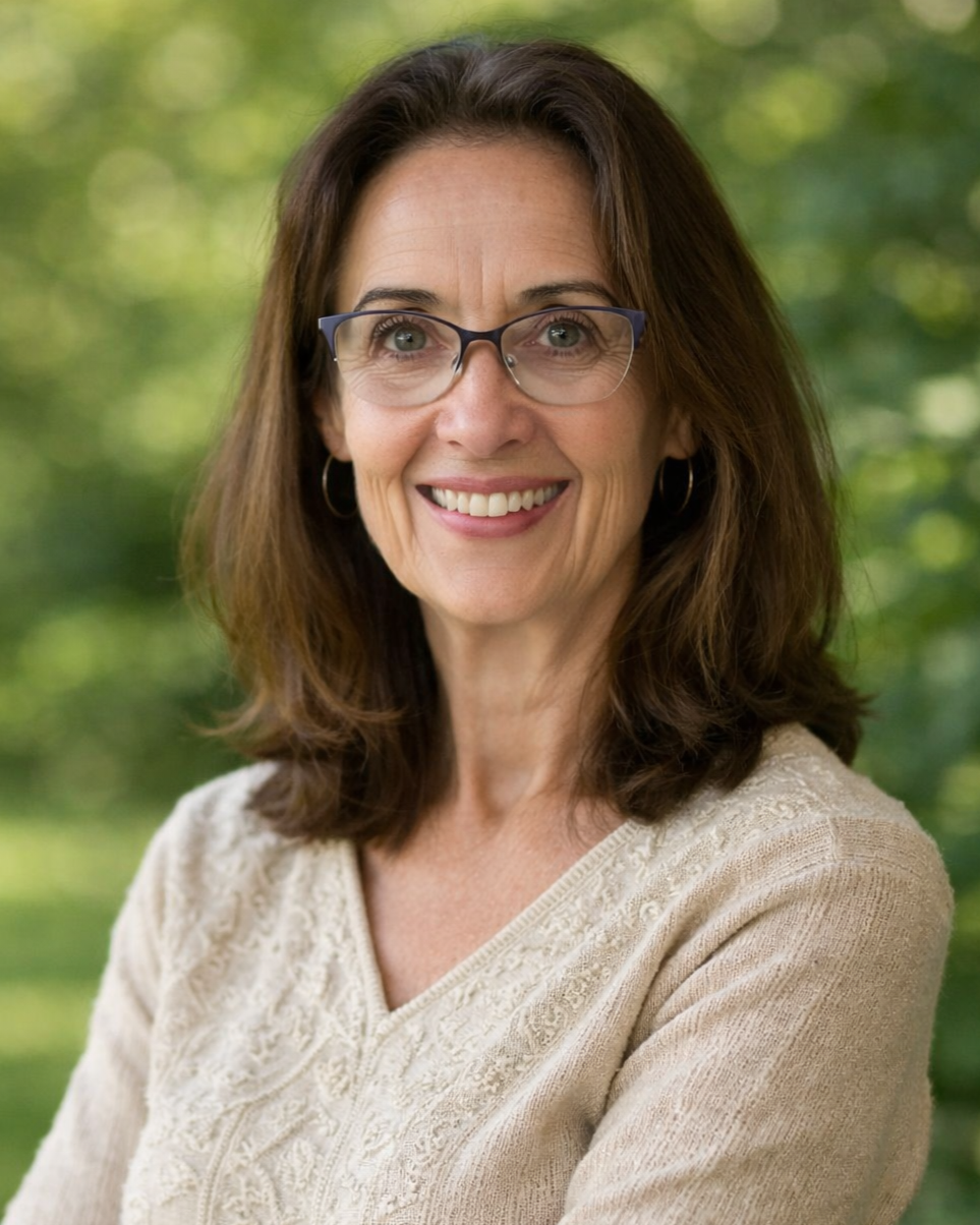 A woman with shoulder-length brown hair, glasses, and hoop earrings, smiling outdoors with a blurred green background.