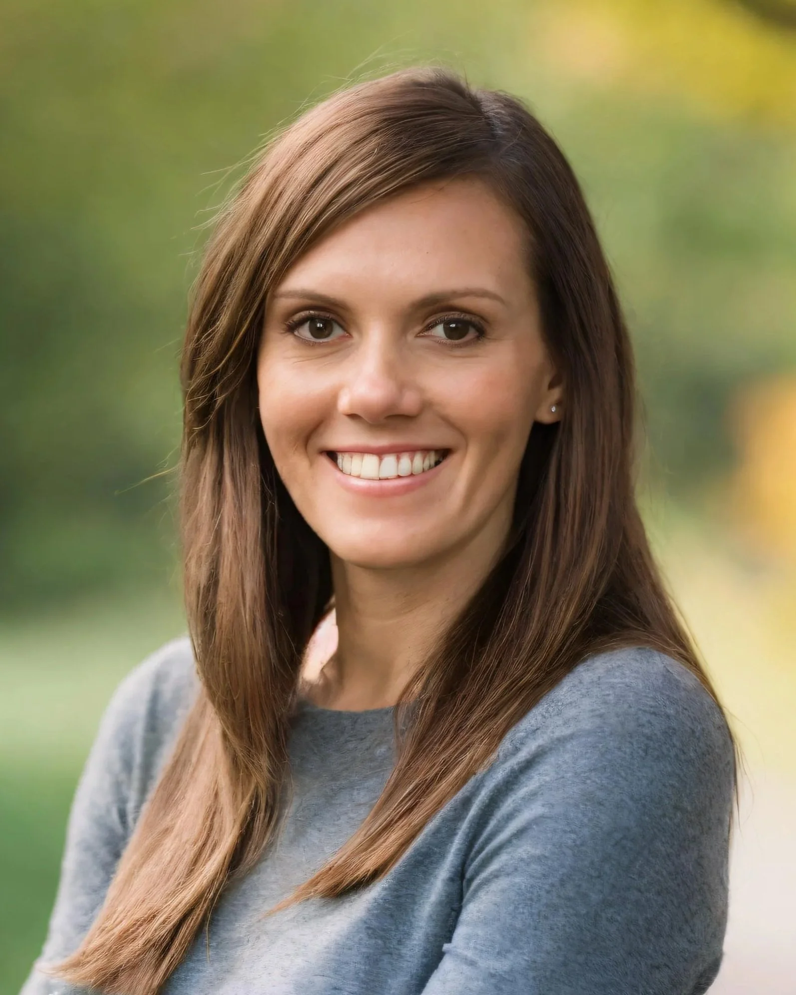 Close-up of a woman with long brown hair, smiling, wearing a gray shirt, outdoors with blurred green and yellow background.
