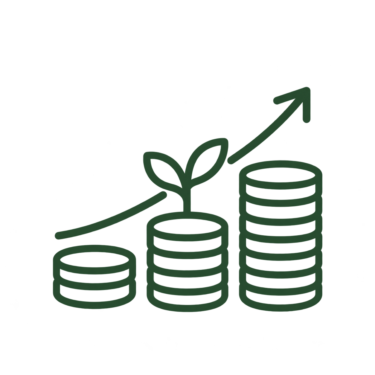 Stacked coins with a growing plant and an upward arrow, symbolizing financial growth and investment