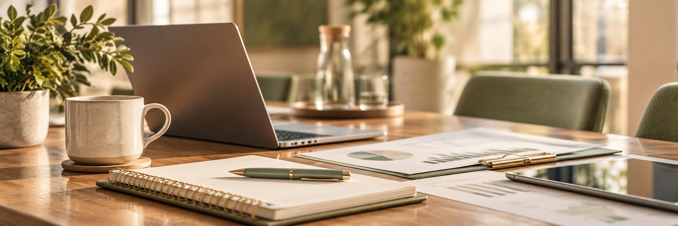 A well-organized workspace on a wooden table with a laptop, a cup on a coaster, a notebook with a pen, a clipboard with papers, a tablet, a plant, and glass water bottles with glasses, set in a bright room with large windows.