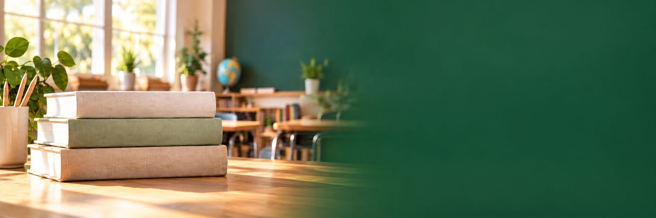 Stack of three books on a wooden desk near a window with potted plants and a classroom setting in the background.