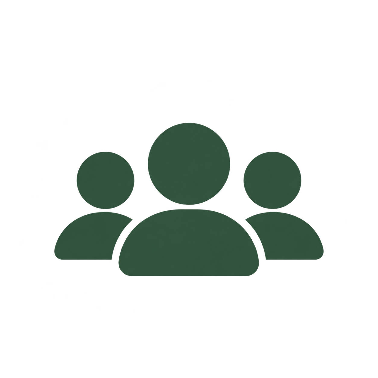 Icon representing a group of three people, with the front person larger and two smaller people behind, all in dark green color.