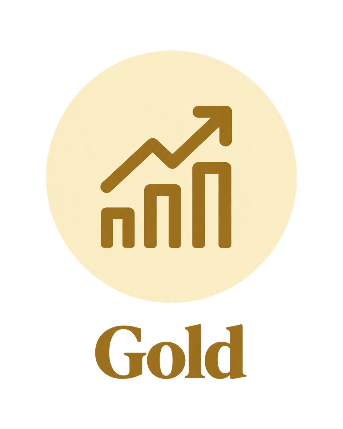 A gold icon of a bar chart with an upward trending arrow on a pale yellow circular background, with the word "Gold" in gold and red letters below.