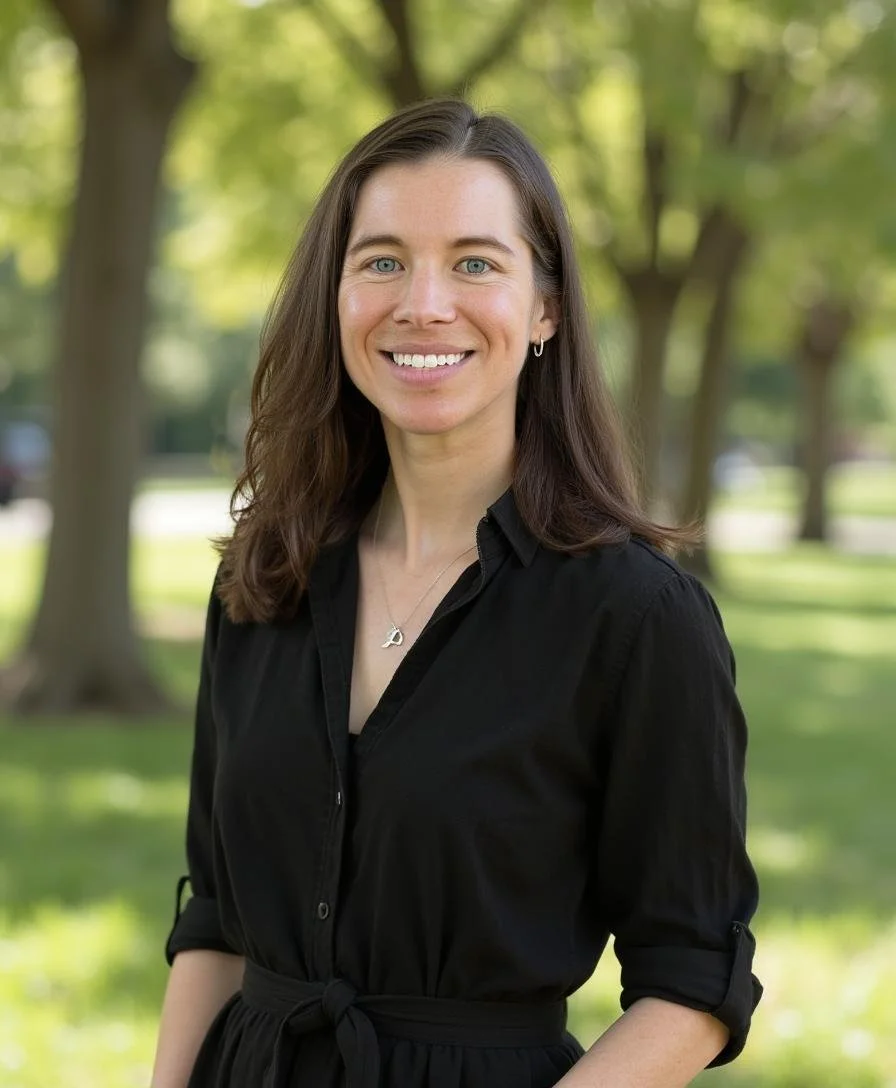 A woman with long brown hair and blue eyes smiling outdoors in a park with green trees in the background, wearing a black button-up shirt and a silver necklace.