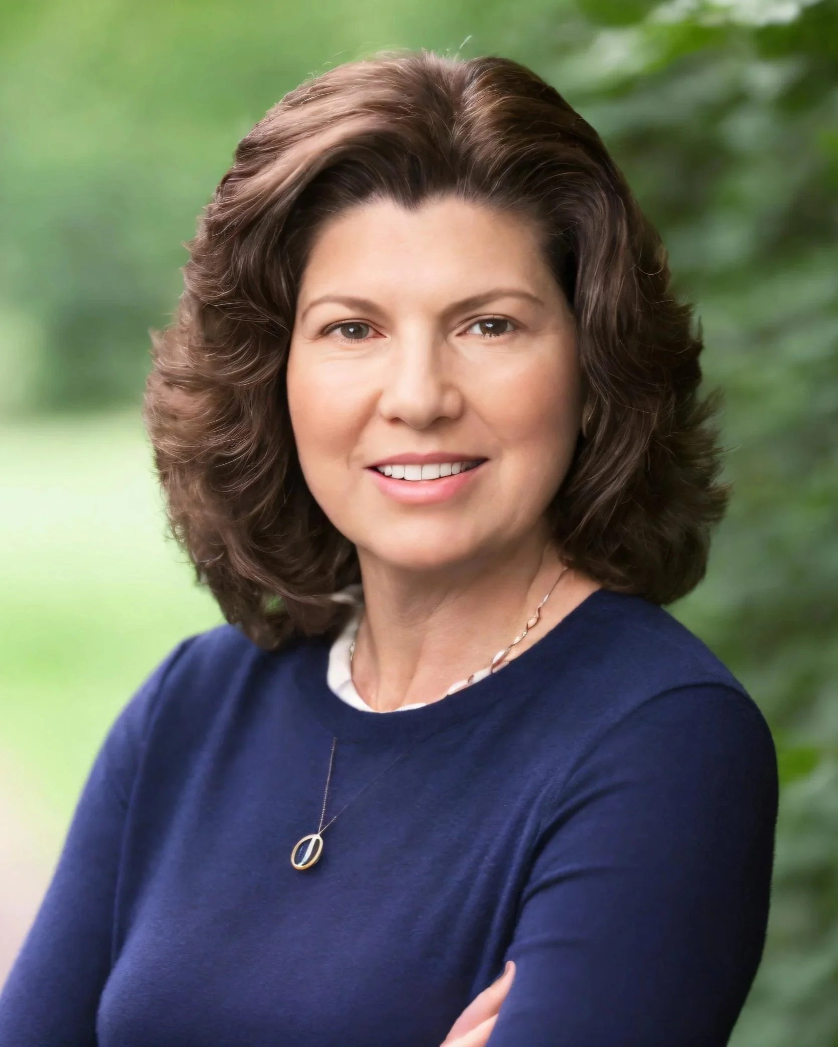 A woman with shoulder-length brown hair, wearing a navy blue sweater and a pendant necklace, smiling outdoors with a blurred green background.