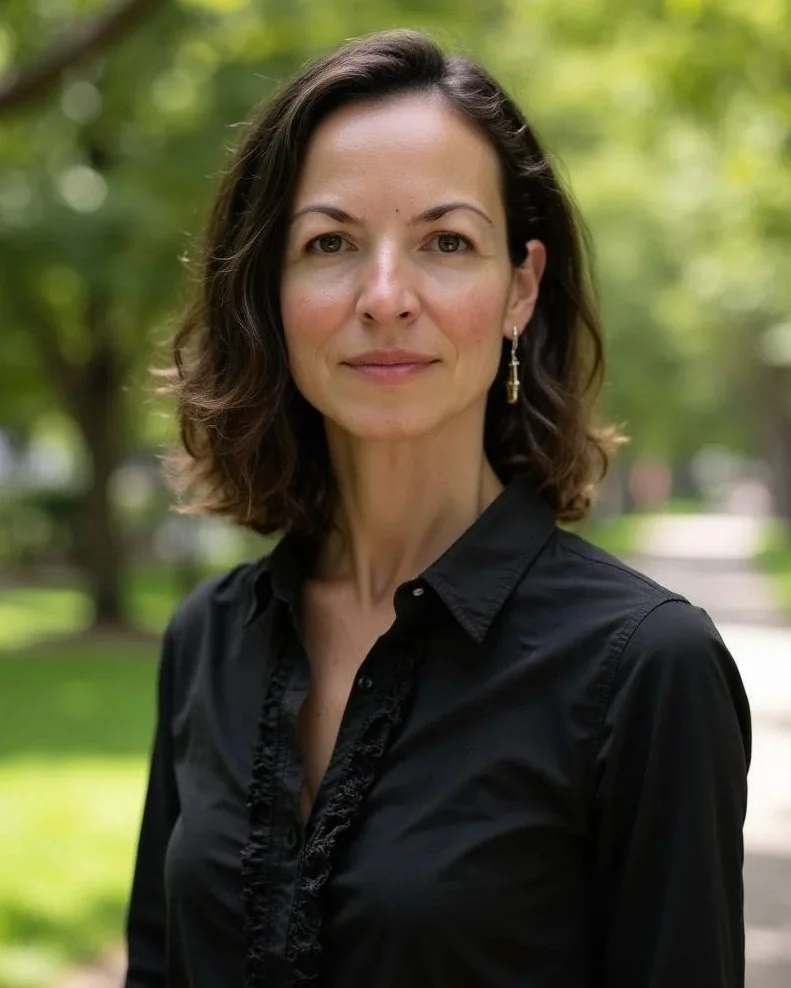 A woman with shoulder-length dark hair, wearing a black blouse, standing outdoors on a sunny day with green trees and grass in the background.