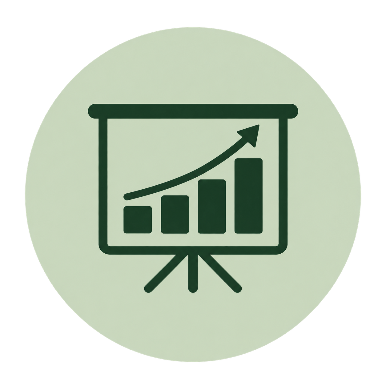 A presentation board with a bar graph showing increasing growth and an upward arrow.