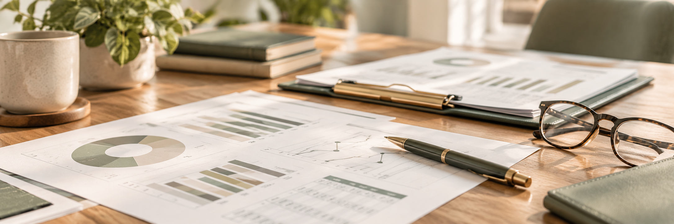 Study or work desk with documents, graphs, charts, a pen, eyeglasses, notebooks, and plant in natural light.