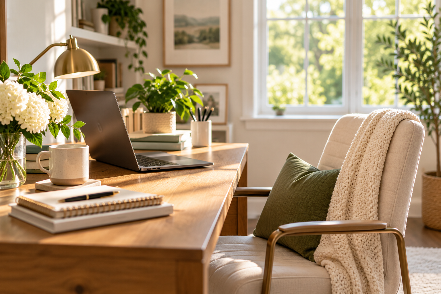 A cozy home office with a wooden desk, a laptop, notebooks, a mug, and decorative plants near a window with sunlight.