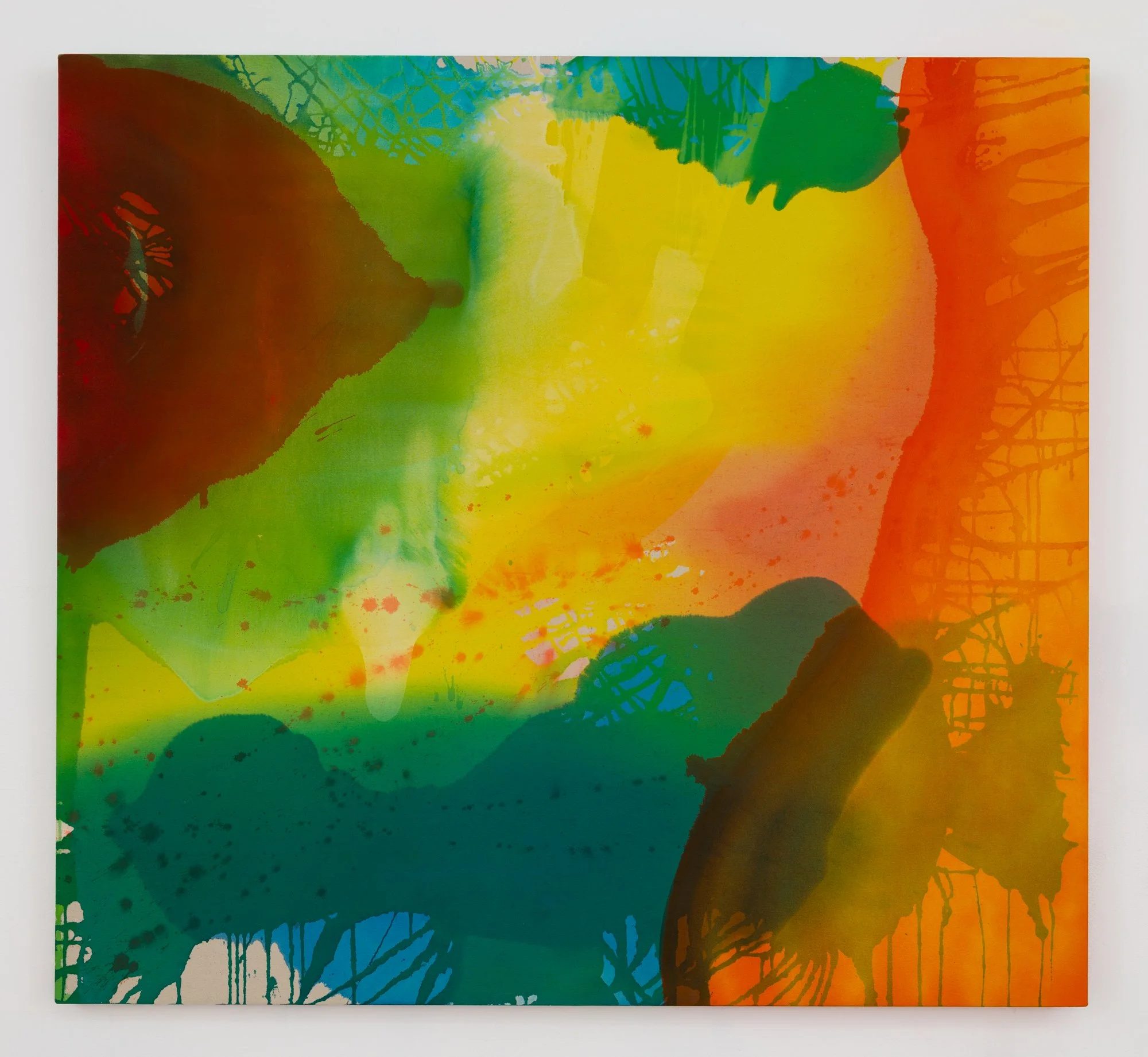Misty Glow,
Acrylic and acrylic spray
paint on raw canvas,
46 x 50 inches,
2024