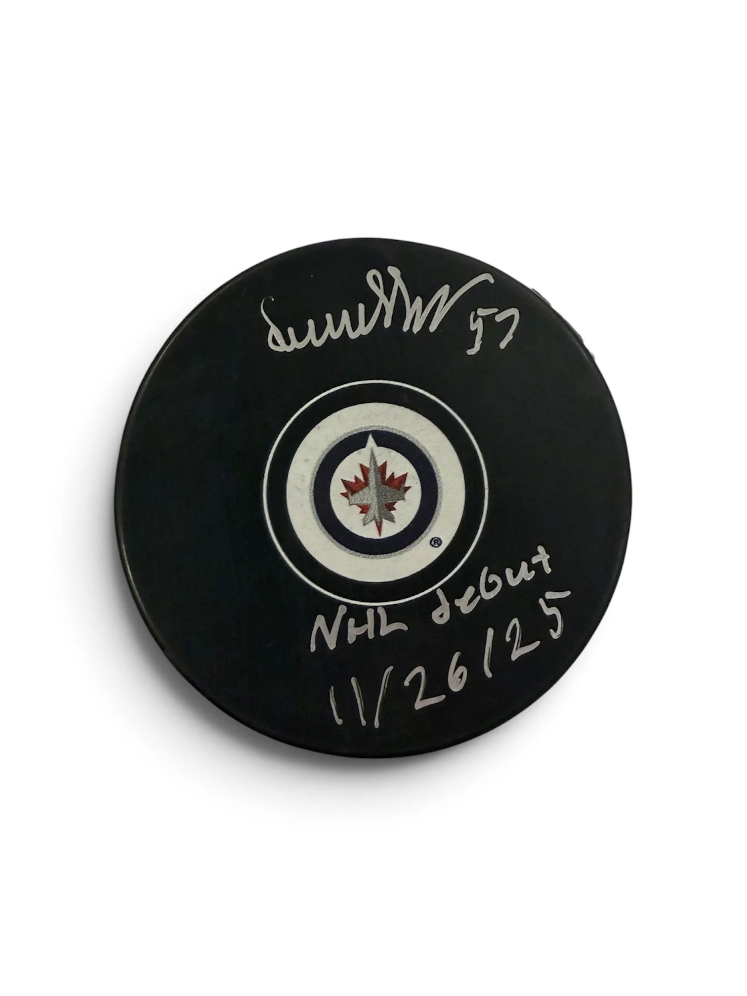 Elias Salomonsson Autographed Inscribed Puck Winnipeg Jets