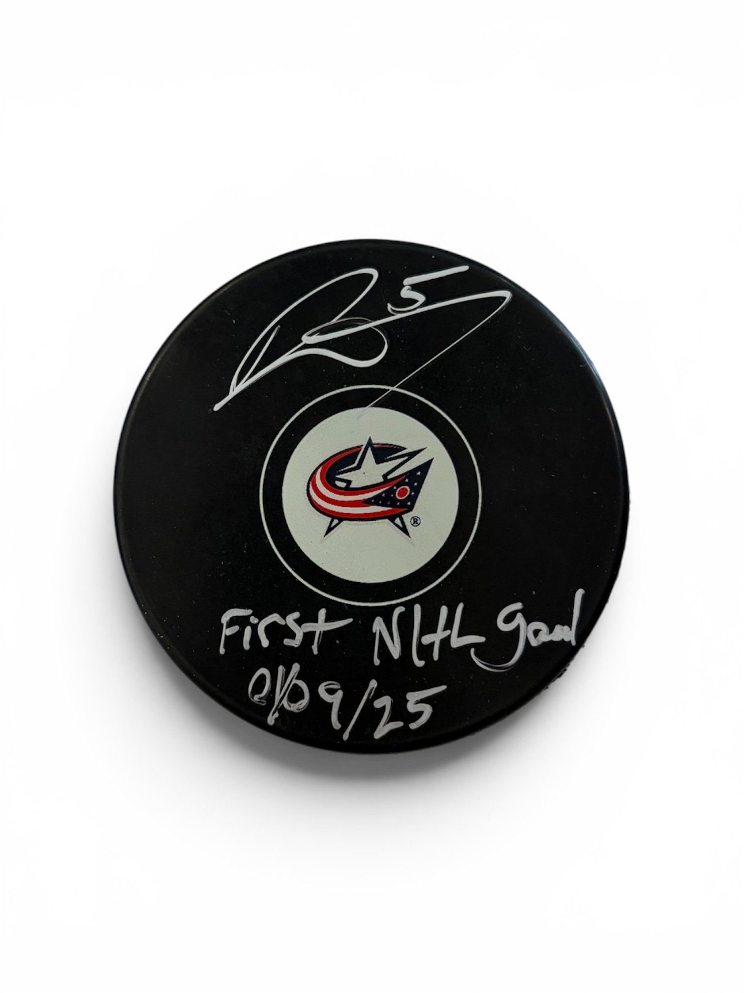 Denton Mateychuk Autographed inscribed 1st NHL Goal Puck Columbus Blue Jackets