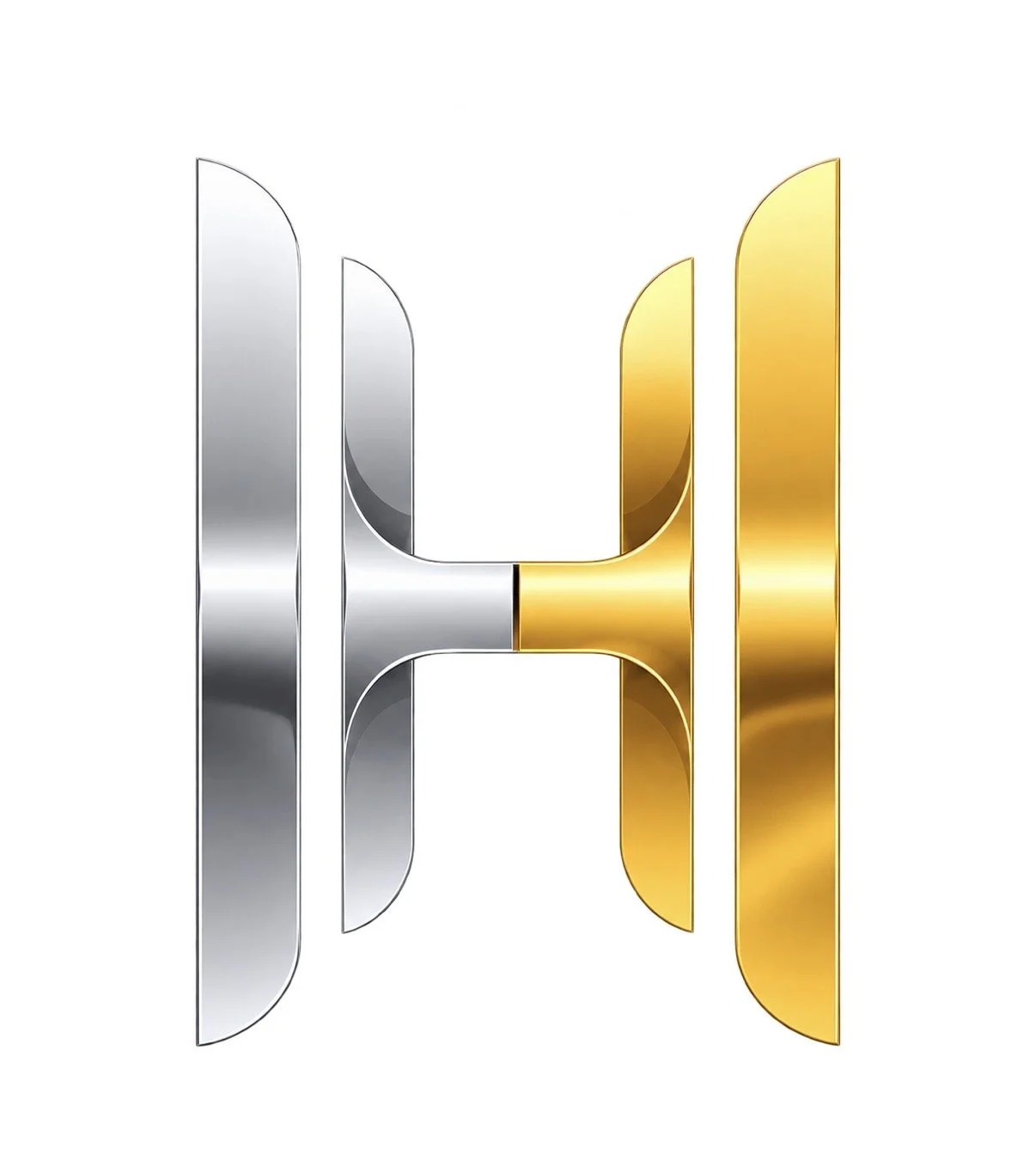 A metallic logo with a symmetrical design, featuring silver and gold colors, reflecting light on a plain white background.