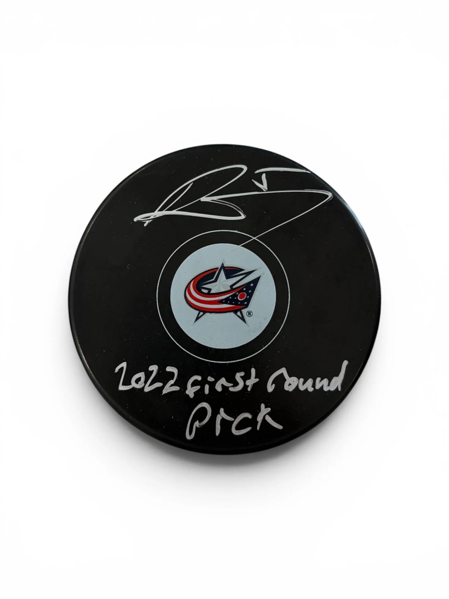 Denton Mateychuk Autographed Columbus Blue Jackets Puck Inscribed 1st round pick