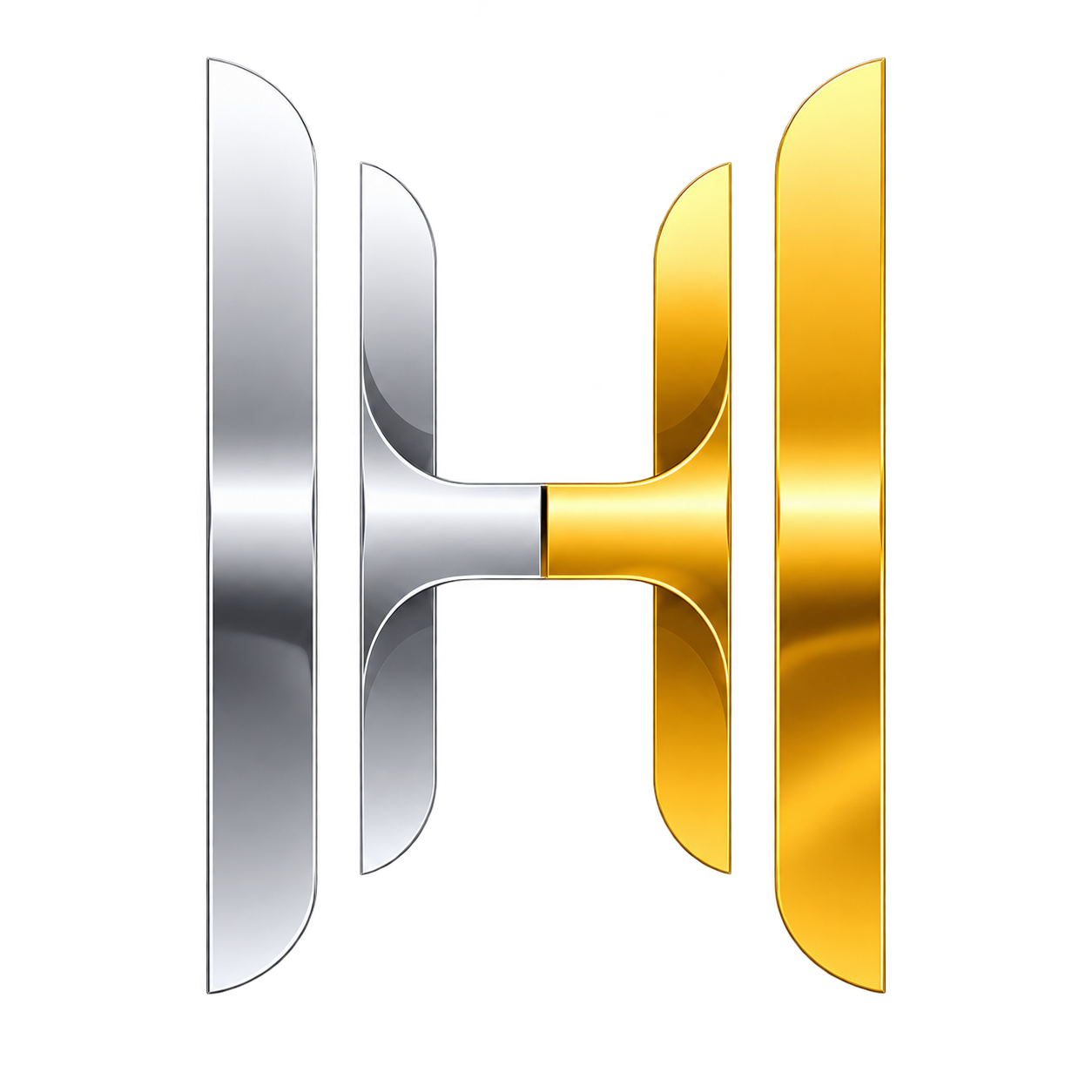 A logo with a large, stylized letter 'H' divided into metallic silver and gold halves, with a 3D effect and reflective surface.