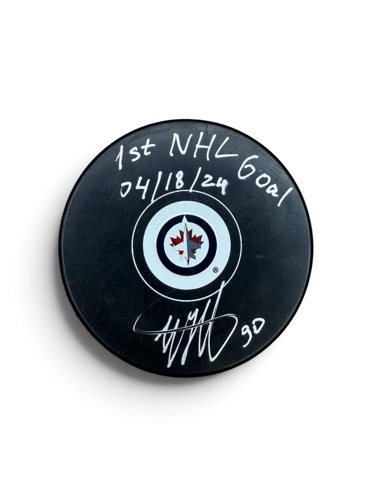 Nikita Chibrikov Autographed Inscribed 1st NHL Goal Puck Winnipeg Jets