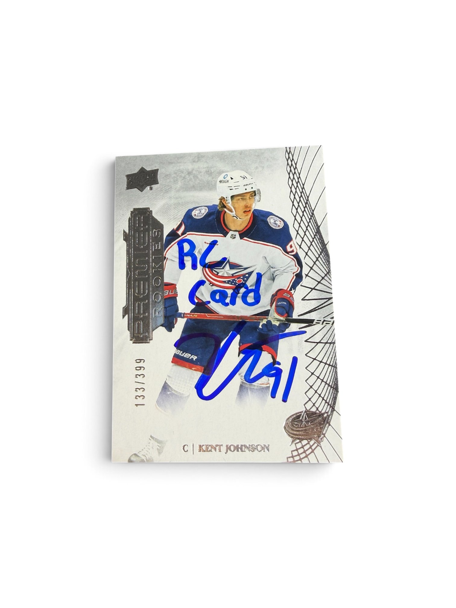 Kent Johnson Inscribed Premier Rookie Card /399 Columbus Blue Jackets