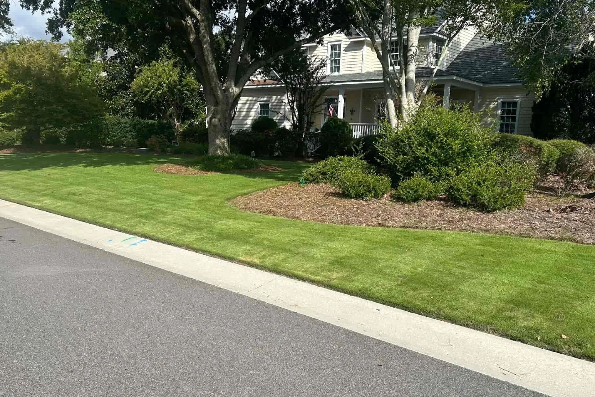 A suburban house with a front porch surrounded by trees and shrubs, with a well-maintained lawn and a sidewalk in the foreground.