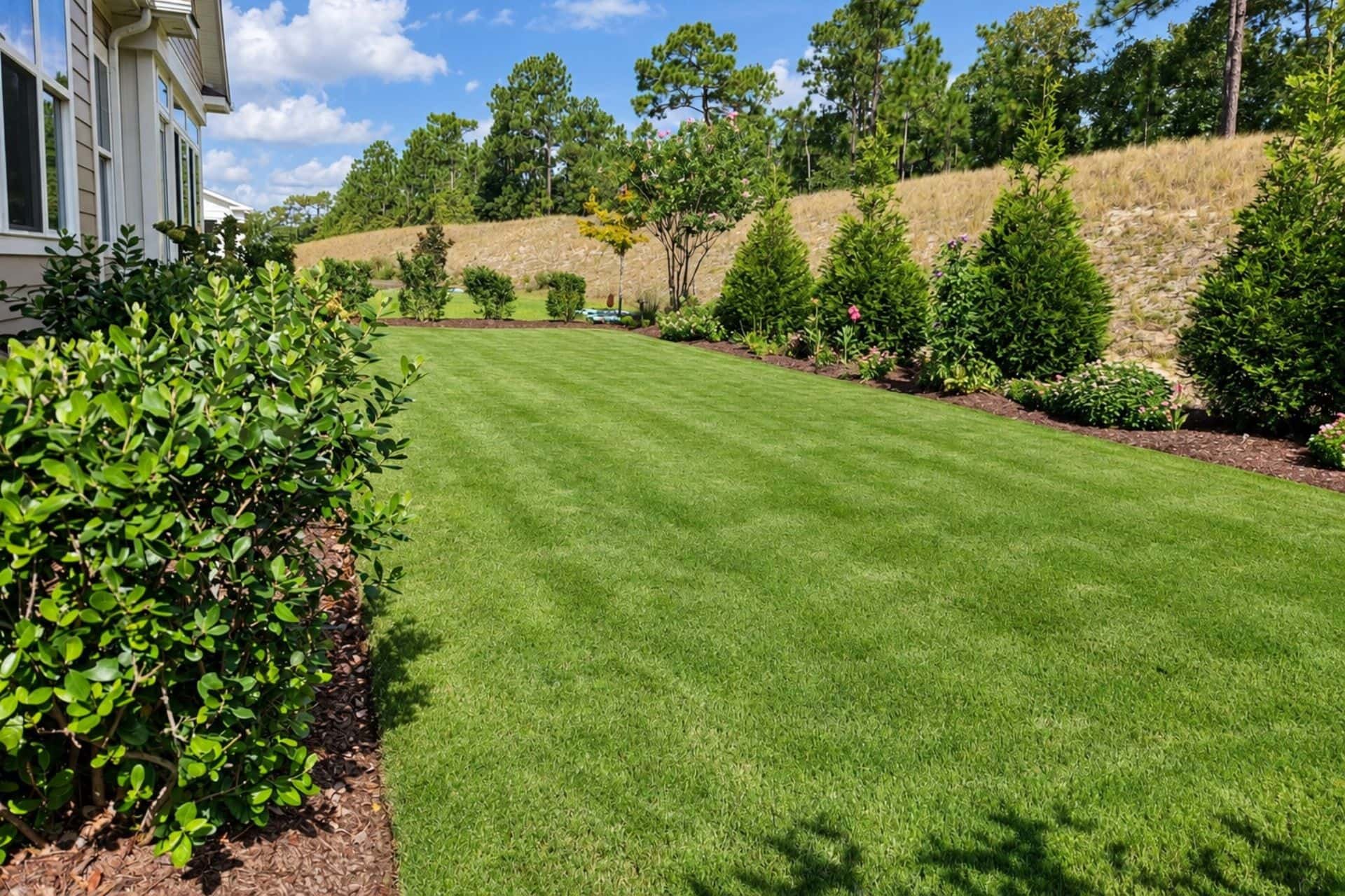 A well-maintained backyard with lush green grass, mulched garden beds, and various shrubs and trees along a sloped hillside, with a house visible on the left and a partly cloudy blue sky overhead.