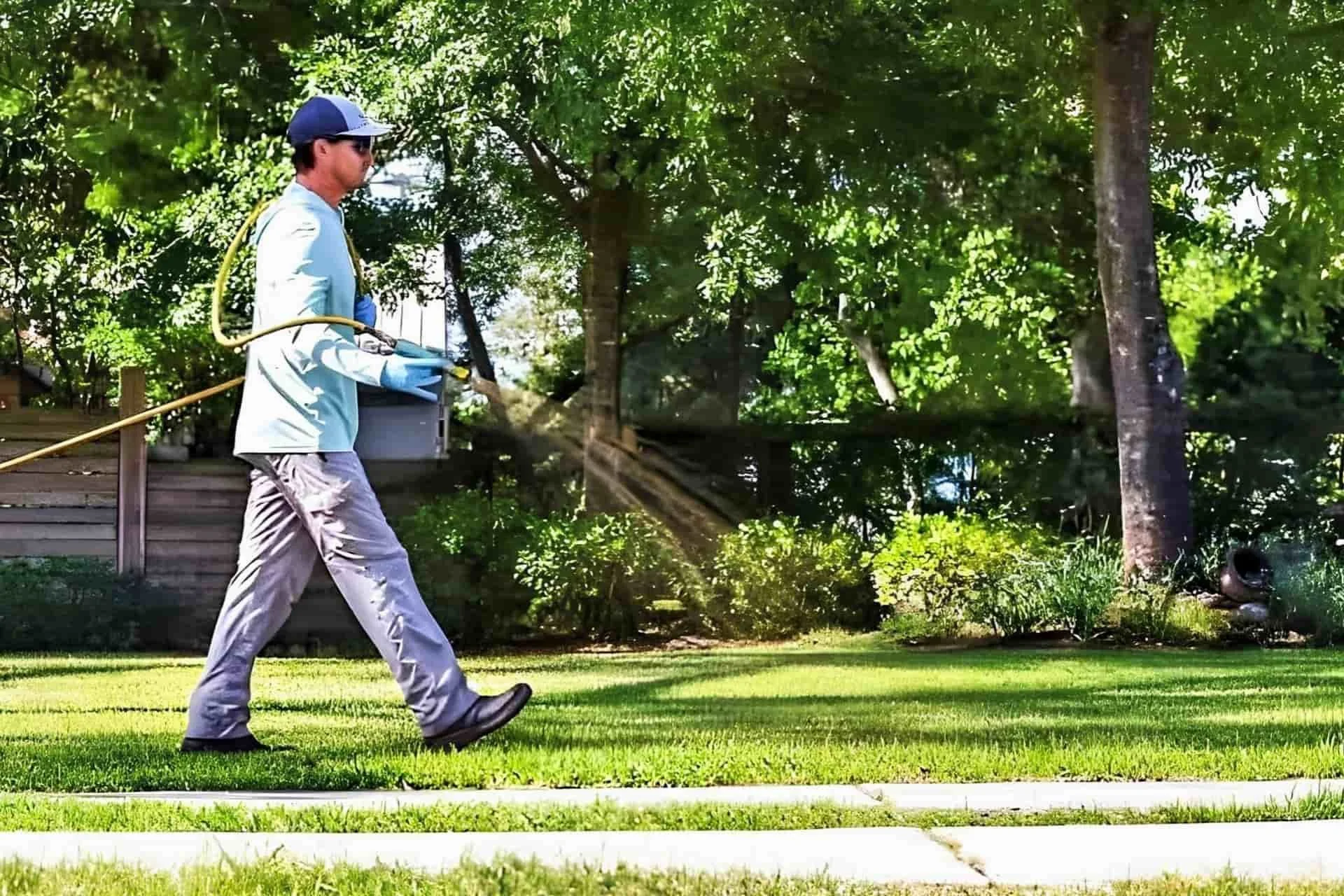 Turfology technician treating a residential lawn along a tree-shaded street in Wilmington, NC