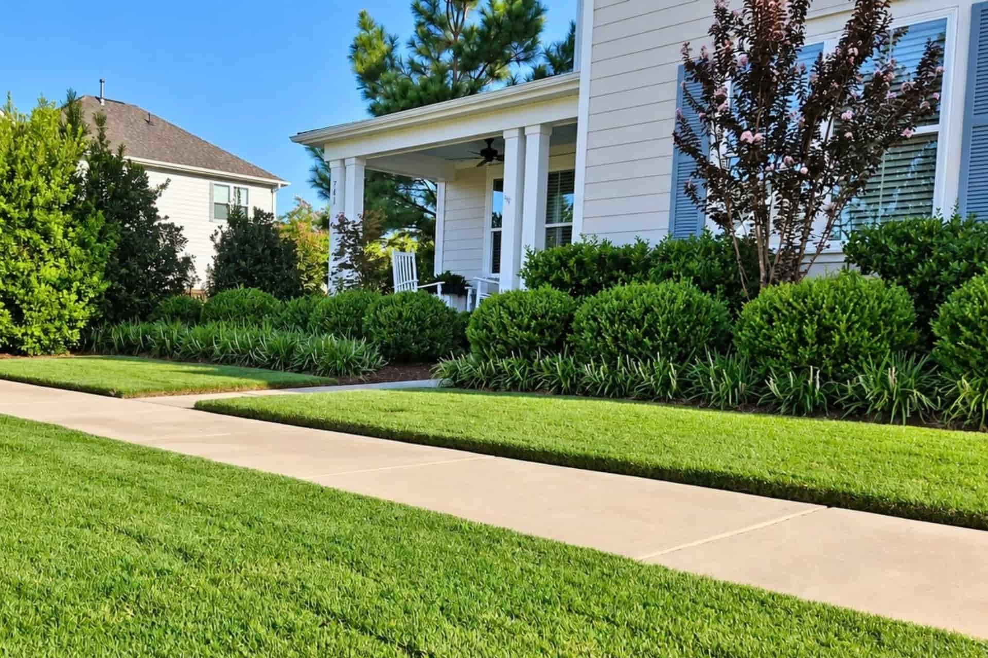 Well-maintained lawn and trimmed hedges along a sidewalk at a residential property in Wilmington, NC