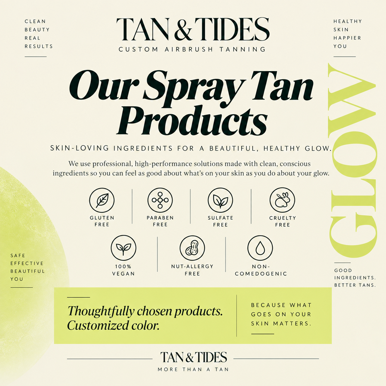 A promotional poster for Tan & Tides airbrush tanning products. It features text highlighting the natural ingredients and benefits like gluten-free, paraben-free, sulfate-free, cruelty-free, vegan, nut-allergy free, and non-comedogenic. The poster emphasizes customized, thoughtfully chosen products with a focus on skin health and a healthy glow.