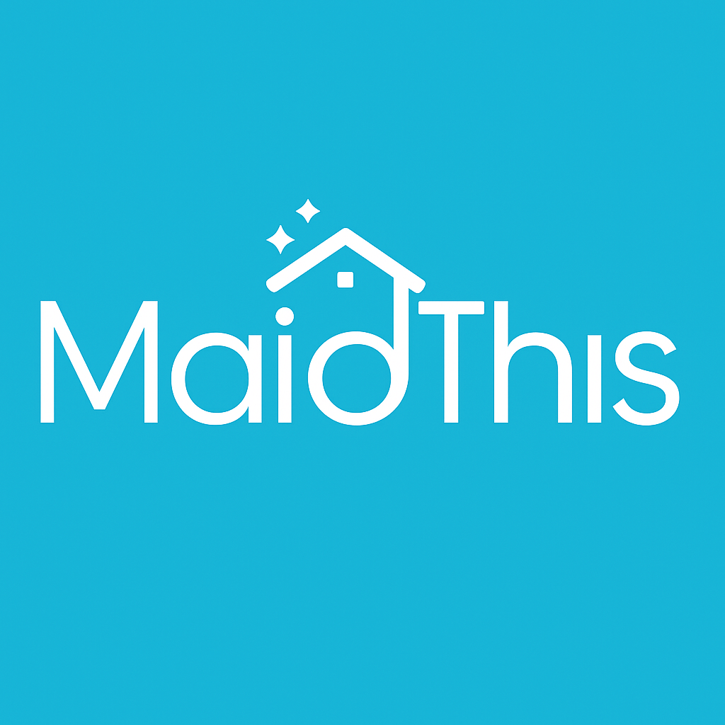 Logo with the text 'MaidThis' and a house icon with stars on a blue background.